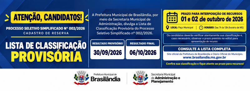 Brasilândia divulga Lista de Classificação Provisória do Processo Seletivo Simplificado Nº 002/2026.